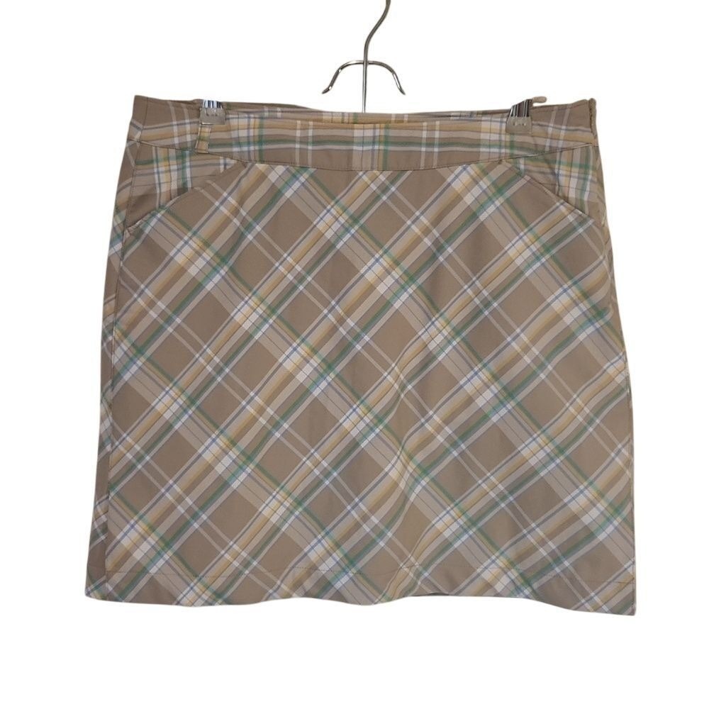 Callaway Women's Golf Skort Skirt Beige Blue Green Plaid Size‎ 10 Logo Pockets